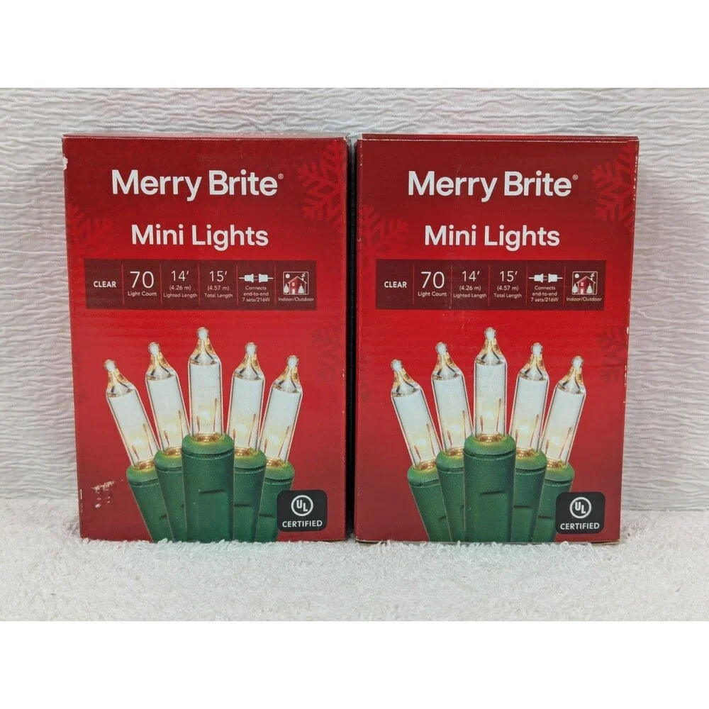 Christmas - Merry Brite - 70 Count - Mini Lights - Clear Bulb/Green Wire -2 Pack